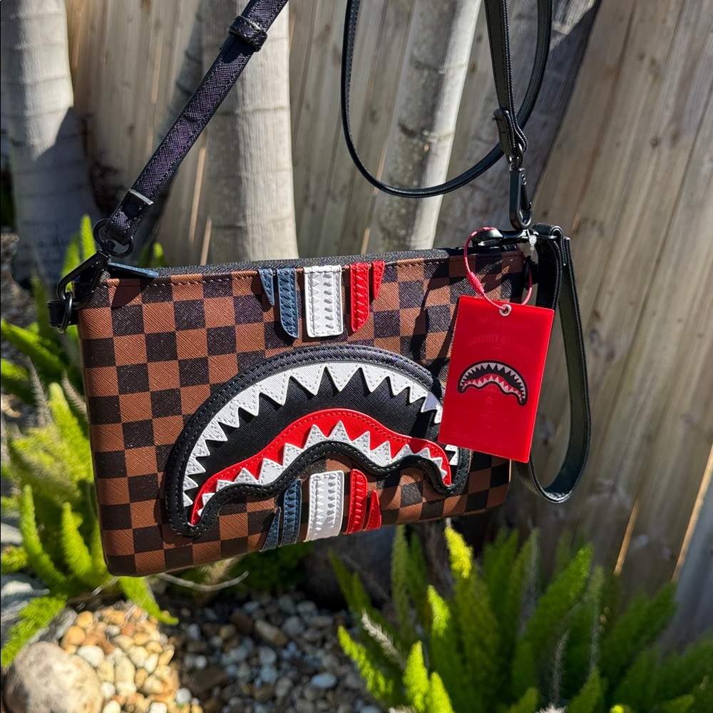 Sprayground Sharks in Paris Brown Checkered Crossbody Shark Mouth Bag